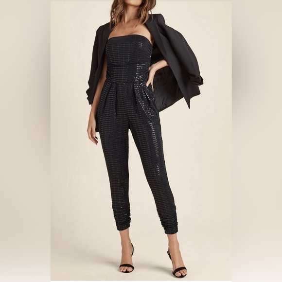 VENUS Pants - Sequin all over black strapless jumpsuit